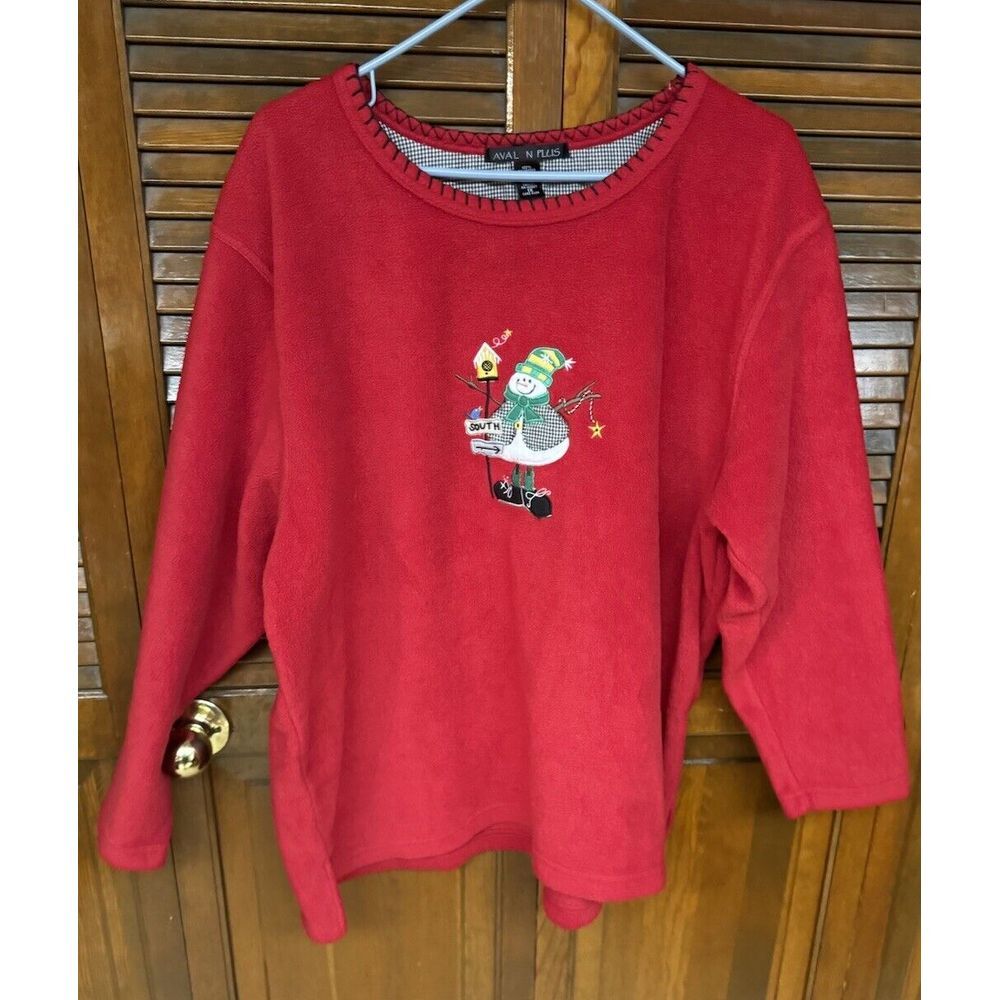 Avalon Vintage Women's Christmas Fleece Sweatshirt Snowman Crewneck Red Size 1X